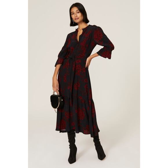 Marissa Webb Collective Navy Red Floral Print Belted Button Front Shirt Dress - Picture 1 of 7